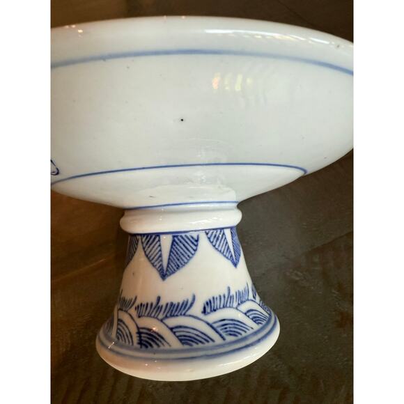 Antique Kangxi Blue And White Porcelain Lotus Pedestal Dish 8"x4" Flower Bats - Picture 6 of 7